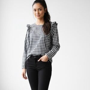 J Crew gingham check Cotton poplin blouse top with ruffles. Black white medium